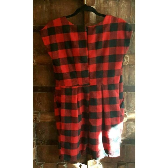 Vintage 90s buffalo plaid black & red checkered wool blend shift dress M - Picture 5 of 11